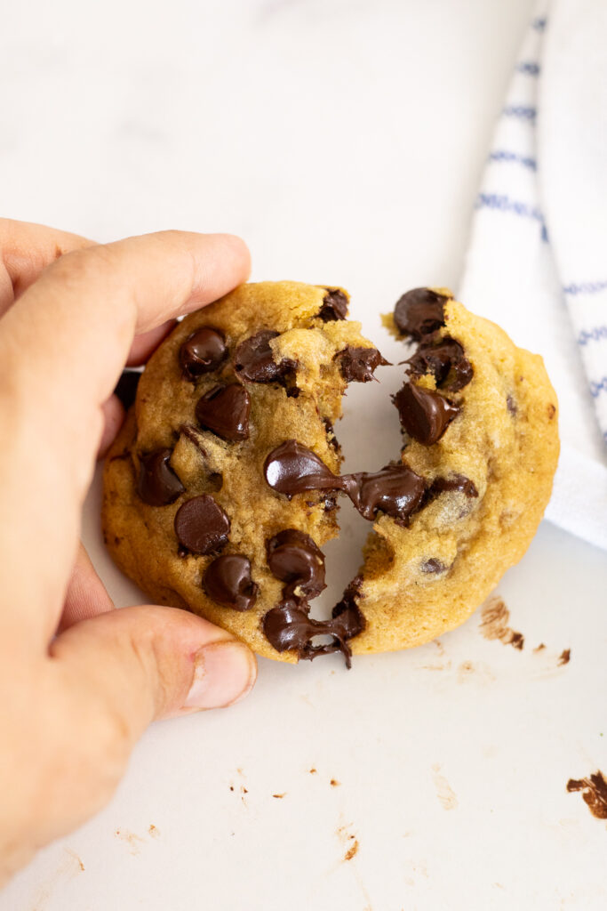 A chocolate chip cookies being pulled in half showing gooey melted chocolate chips in the center.