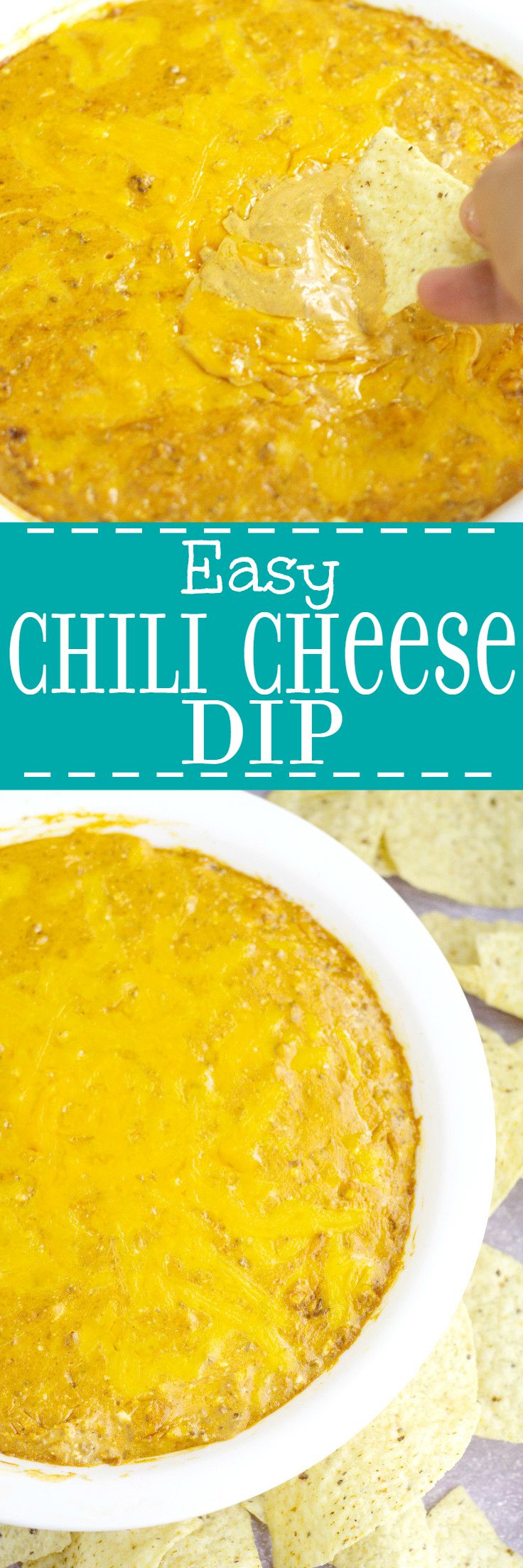 Super Easy Chili Cheese Dip Recipe- a crowd-pleasing, low-maintenance dip recipe and appetizer with gooey cheese and chili. Great for parties! This is one of my faves!