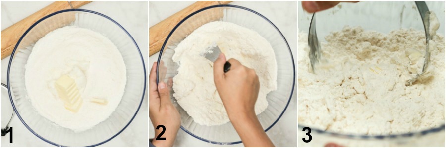 Collage of adding butter and shortening to flour and cutting together to make pie crust