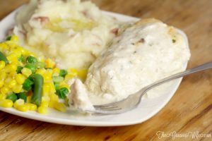 Mushroom Chicken Bake - an easy dinner recipe idea great for the whole family! Seriously, you can make this dinner idea so fast that you don't even need to thaw the chicken. My kids adore the creamy gravy and can't get enough whenever I make this