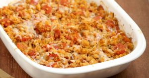 Bruschetta Chicken Bake is a quick and easy family dinner recipe packed with flavorful tomatoes and garlic, gooey cheese, and a crunchy topping. This makes a great freezer meal too!