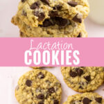 Collage with a stack of lactation cookies with the top one missing a bite on top, lactation cookies sitting on a pink marble background on bottom, and the words "lactation Cookies" in the center.