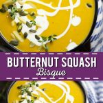 Butternut Squash Bisque is a rich, but healthy vegetarian fall soup with roasted butternut squash that is sweet and creamy with just a touch of heat. Butternut squash soup with apples for sweetness, jalapenos for a spicy kick, and a little cream to up the creaminess. Also has vegan instructions!