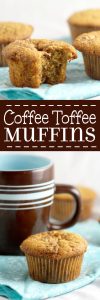 Coffee Toffee Muffins Recipe - Have your coffee and eat it too! An easy breakfast muffins recipe made with coffee and toffee. A perfect pick-me-up breakfast! You can make these for kids too using decaf coffee!  I need this in my life.