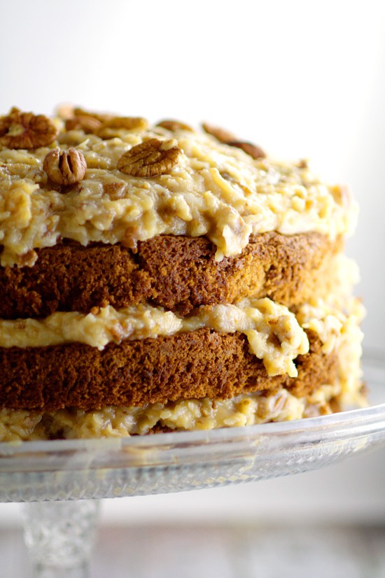 A traditional German Chocolate Cake Recipe made from scrath with sweet German chocolate and topped with a caramel-y coconut pecan frosting. One of our family favorites! I make this every year for my husband's birthday!