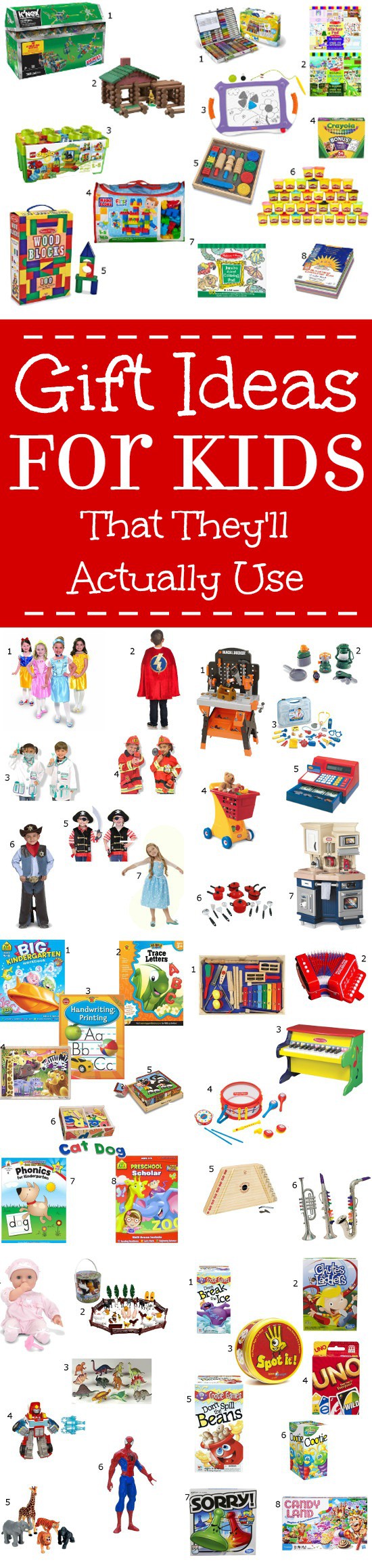 Gift Ideas for Kids that they'll still play with after the shiny new-ness wears off. Toys that encourage imaginative play and learning and that kids will actually use. Imaginative play gifts are great for kids for Christmas and birthdays.