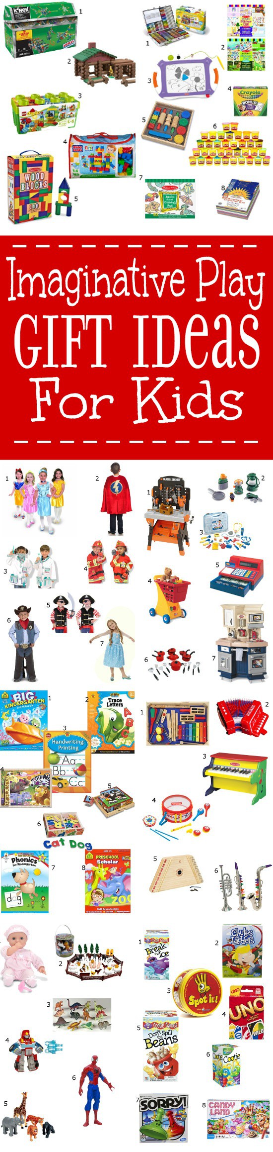 Gift Ideas for Kids that they'll still play with after the shiny new-ness wears off. Toys that encourage imaginative play and learning and that kids will actually use. Imaginative play gifts are great for kids for Christmas and birthdays.