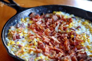 Creamy Fried Confetti Corn Recipe - an easy, creamy Southern side dish recipe with with creamy corn and chopped pepper, pan-fried with bacon and sausage. Lots of vegetables, including corn and peppers. And even BACON and sausage! I love making this side dish for Thanksgiving! 