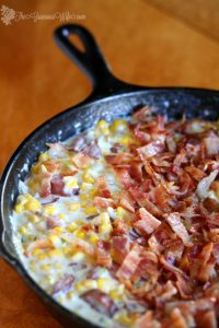 Creamy Fried Confetti Corn Recipe - an easy, creamy Southern side dish recipe with with creamy corn and chopped pepper, pan-fried with bacon and sausage. Lots of vegetables, including corn and peppers. And even BACON and sausage! I love making this side dish for Thanksgiving! 