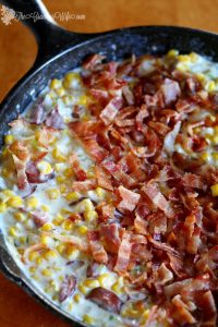 Creamy Fried Confetti Corn Recipe - an easy, creamy Southern side dish recipe with with creamy corn and chopped pepper, pan-fried with bacon and sausage. Lots of vegetables, including corn and peppers. And even BACON and sausage! I love making this side dish for Thanksgiving! 