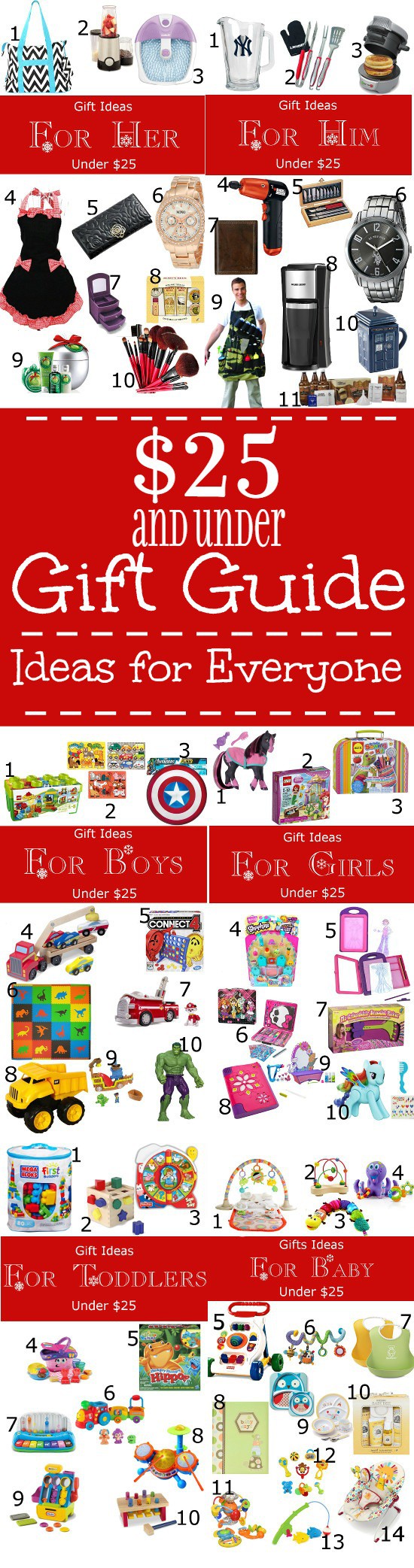 Buy your Christmas gifts on a budget with this $25 and Under Gift Guide for EVERYONE! Gift Ideas for EVERYONE under $25! Him, Her, husband, boyfriend, Babies, Toddlers, mom, friend, kids, Girls, and Boys!