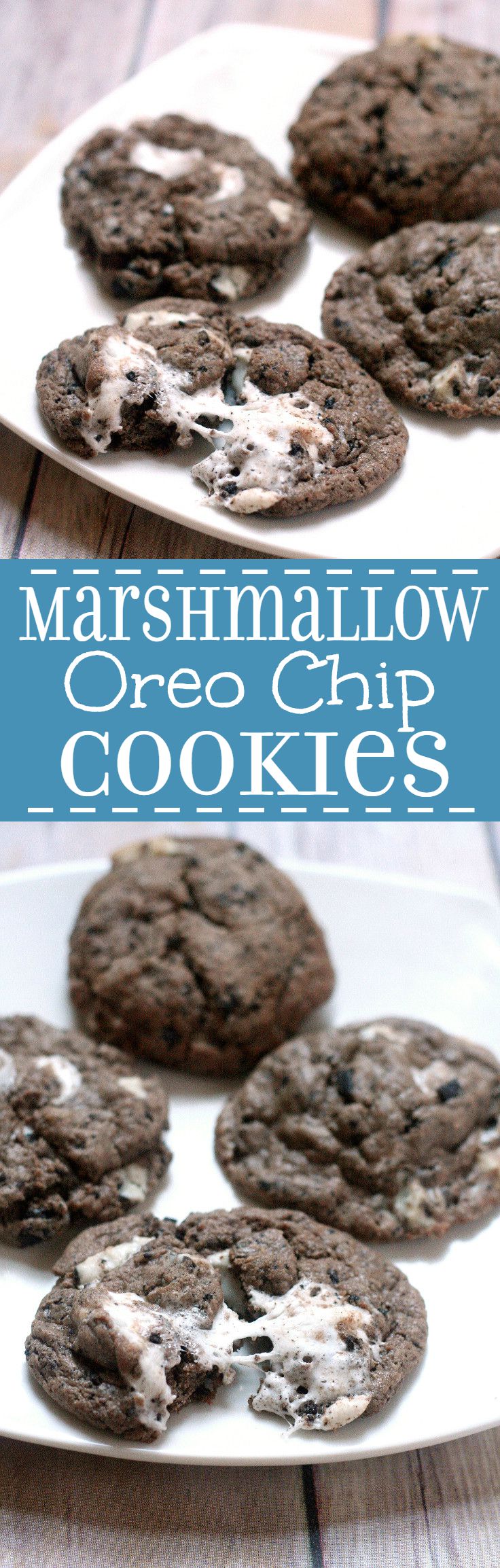 Marshmallow Oreo Chip Cookies are a sort of everything-but-the-kitchen-sink chocolate cookie recipe with gooey, sticky marshmallows, Oreos, and Cookies 'N Cream Bars. Made with pudding mix these cookies are very moist and soft.  These would be great to try out for a Christmas Cookie recipe this year!