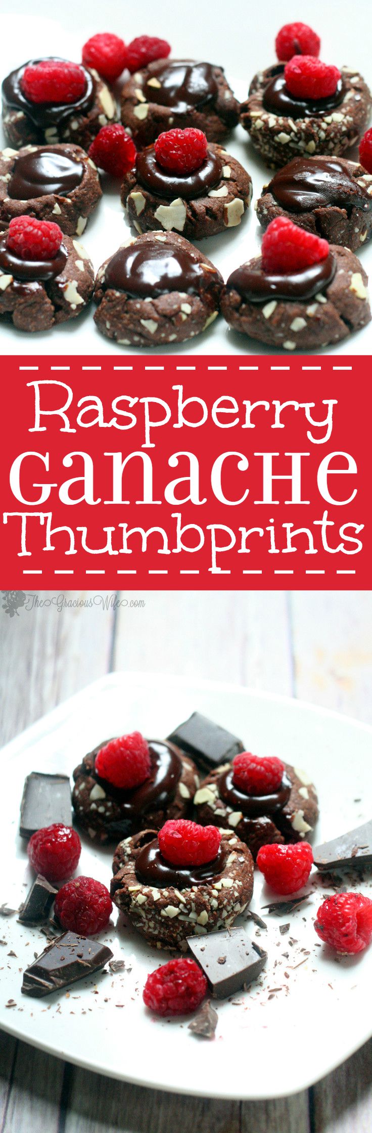 Raspberry Ganache Thumbprints Cookie Recipe - a pretty but easy dessert cookie recipe.  Chocolate thumbprints filled with a rich super easy chocolate raspberry ganache and topped with a fresh raspberry.  Makes a pretty Christmas cookie too!
