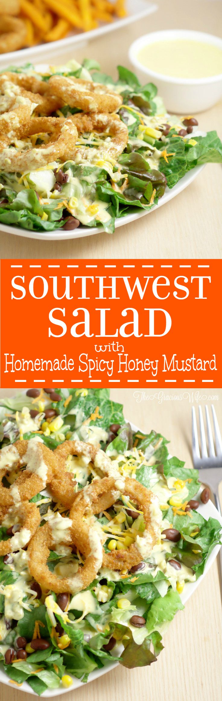 Southwest Salad Recipe with Spicy Honey Mustard Dressing Recipe - an easy salad recipe that's perfect for lunch or dinner. Onion Rings on a salad?! Yes, please!