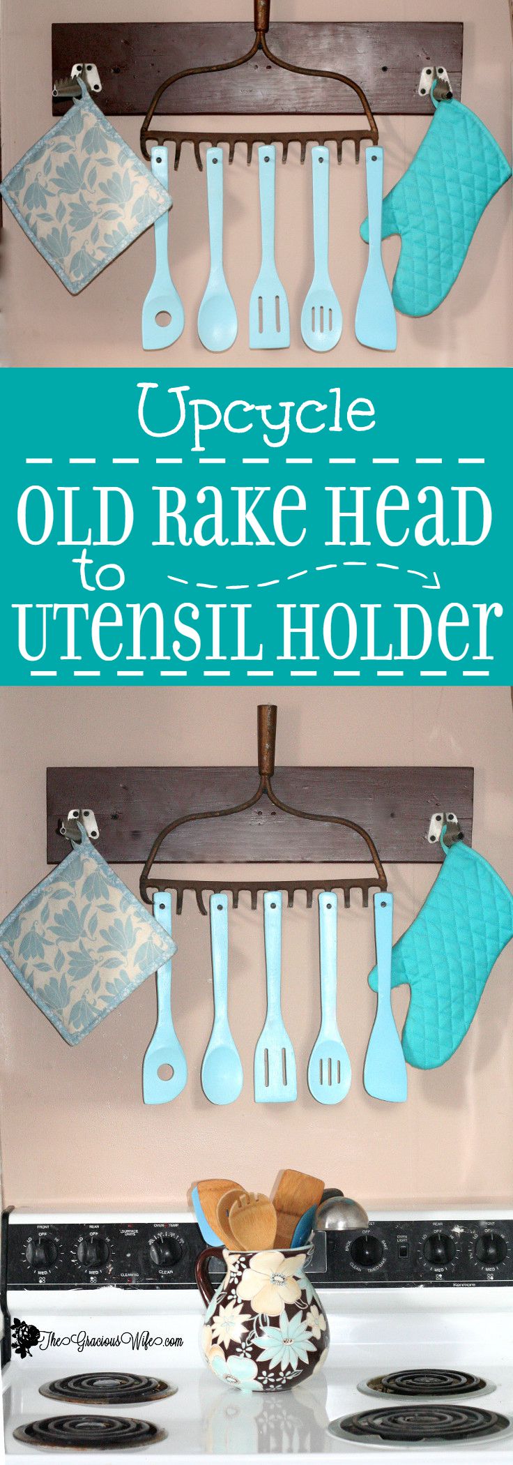 Upcycled Old Rake to Utensil Holder - an easy DIY craft for home decor in the kitchen .  Love these colors!