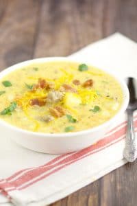 Cheeseburger Soup has all your favorite parts about a cheeseburger, including ground beef, cheese, and bacon, all in one rich, creamy soup with potatoes. This is my all-time favorite soup recipe! It is sooo good. Cheesy and creamy.