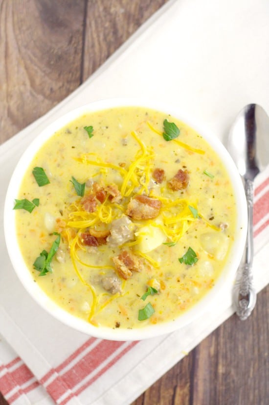 Cheeseburger Soup has all your favorite parts about a cheeseburger, including ground beef, cheese, and bacon, all in one rich, creamy soup with potatoes. This is my all-time favorite soup recipe! It is sooo good. Cheesy and creamy.