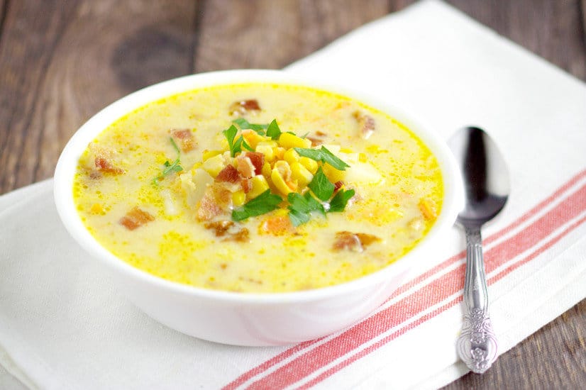 Hearty, cozy, creamy soup recipe, Southern Corn Chowder with potato, bacon, cheese, vegetables, and of course, lots of corn, will warm you up on those chilly days. Fresh, frozen, or canned corn all work for this delightful warm soup recipe. Serve with warm, buttery, crusty bread.