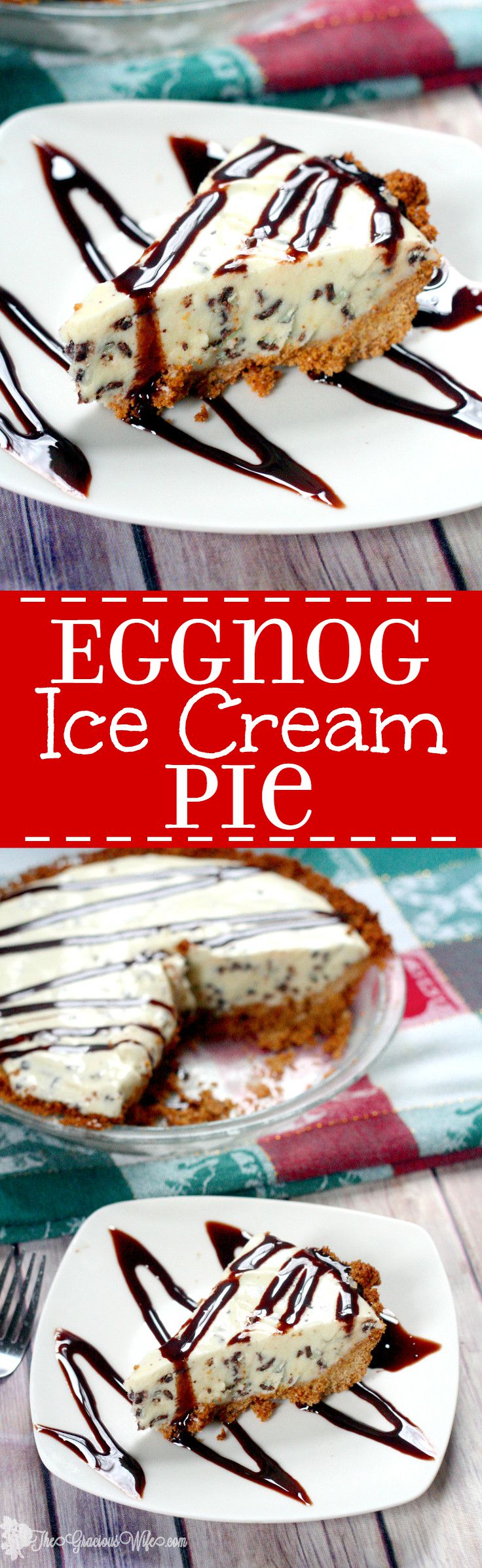 Eggnog Ice Cream Pie recipe is a heavenly and unique Christmas dessert with an easy graham cracker crust and homemade eggnog ice cream with mint chocolate chunks.  All Christmas recipes should have eggnog, especially desserts! So yummy!