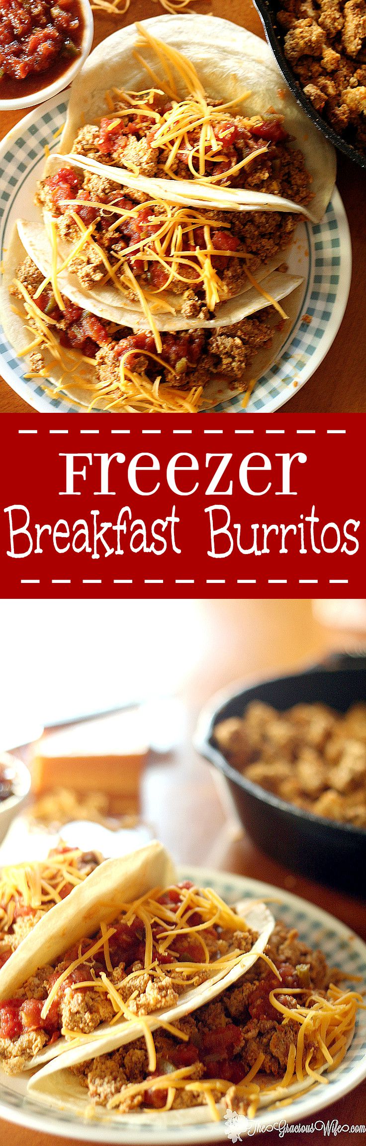 Freezer Breakfast Burritos Recipe - a quick and easy breakfast recipe idea that you can make ahead AND freeze.  Eggs, spicy chorizo, and toppings like salsa or pico de gallo.  One of our breakfast favorites!