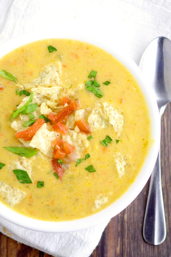 Southwest Bean Chowder Recipe is a creamy soup recipe that tastes like chicken tortilla soup! Creamy, cheesy,... So good!  Definitely one of my favorites!  This soup recipe would also be delicious with chicken.  Love the tortilla chips on top!