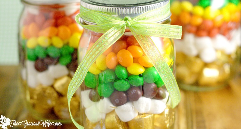 Rainbow in a Mason Jar is a fun St Patrick's Day treat, perfect for kids or a gift for teachers or friends. From TheGraciousWife.com #StPatricksDay #diy #rainbow