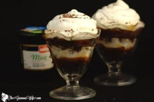 Mint Chocolate Chip Parfait, with layers of brownies, fudge, and mint chocolate chip yogurt.  Easy no bake dessert recipe