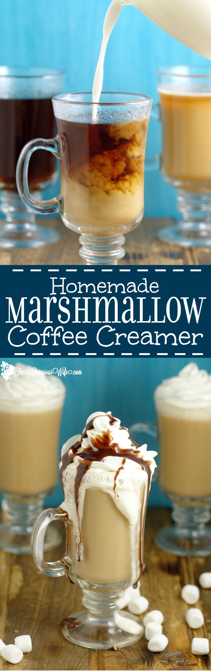 Homemade Marshmallow Coffee Creamer Recipe- A yummy, fun way to change up your morning coffee. It can be made in just 10 minutes, and is a great grown-up treat. 