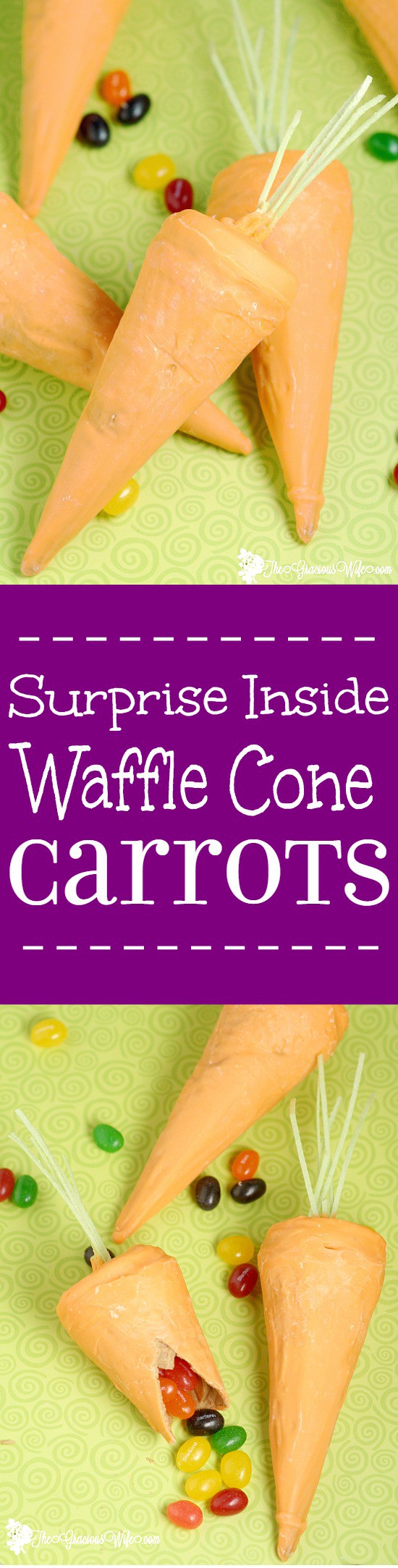 Surprise Inside Waffle Cone Carrots are a perfect Easter or Spring-time treat, and a fun idea for kids. These are so cute! Can't believe the supplies are so simple!