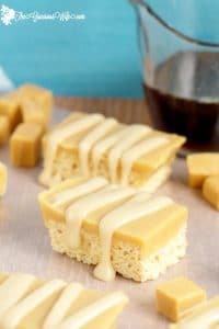 Caramel Topped Rice Krispies with Maple Glaze- Rice Krispies treats topped with caramel and a simple maple glaze. Such an easy dessert recipe but sooo good.  | easy dessert recipe | no bake dessert recipe