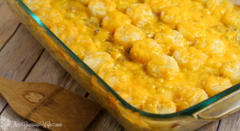 Cheesy Tater Tot Cowboy Casserole is an easy dinner recipe, complete with cheesy goodness and tater tots that your kids will love. From TheGraciousWife.com