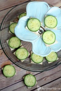 Cucumber Sandwiches Recipe- Perfect for a quick and easy snack or appetizer recipe. Creamy ranch spread and crisp, fresh cucumbers with dill on thin bread squares make a simple but delicious appetizer. These are my favorite!  I love these for a party or shower! 