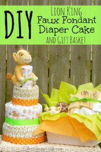 DIY Lion King Faux Fondant Diaper Cake - an adorable DIY addition to a baby shower for a baby boy or a baby girl. And you can use the crafts supplies to decorate the nursery after the baby shower! From TheGraciousWife.com