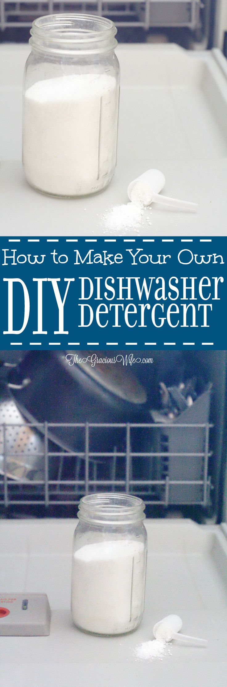 Homemade Dishwasher Detergent - an easy DIY cleaning product.  Super easy to make and works great! It's the only dish detergent I use!