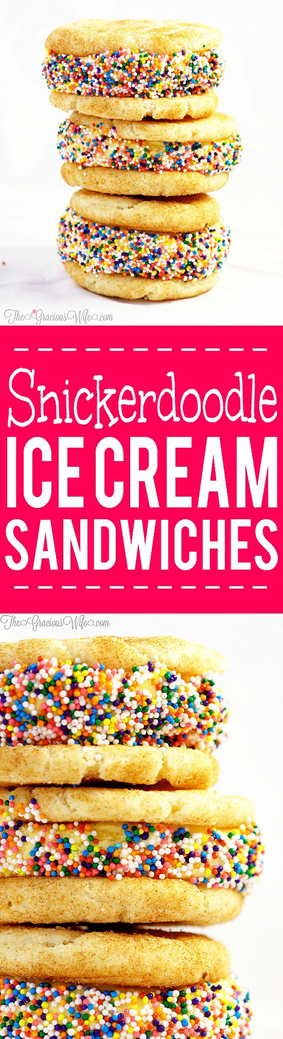 Snickerdoodle Ice Cream Sandwich Recipe- a fun and easy to make summer dessert recipe idea for kids! Creamy ice cream sandwiched between two cinnamon-sugar snickerdoodles, finished off with fun, colorful sprinkles! Perfect summer treat!