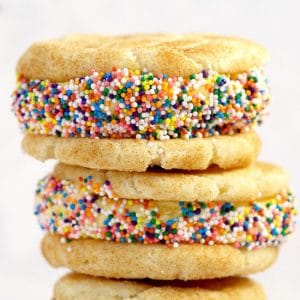Snickerdoodle Ice Cream Sandwich Recipe- a fun and easy to make summer dessert recipe idea for kids! Creamy ice cream sandwiched between two cinnamon-sugar snickerdoodles, finished off with fun, colorful sprinkles! Perfect summer treat!