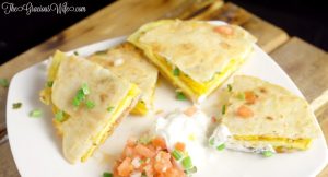 Breakfast Quesadillas with eggs, bacon, cheese, and green onions | From TheGraciousWife.com