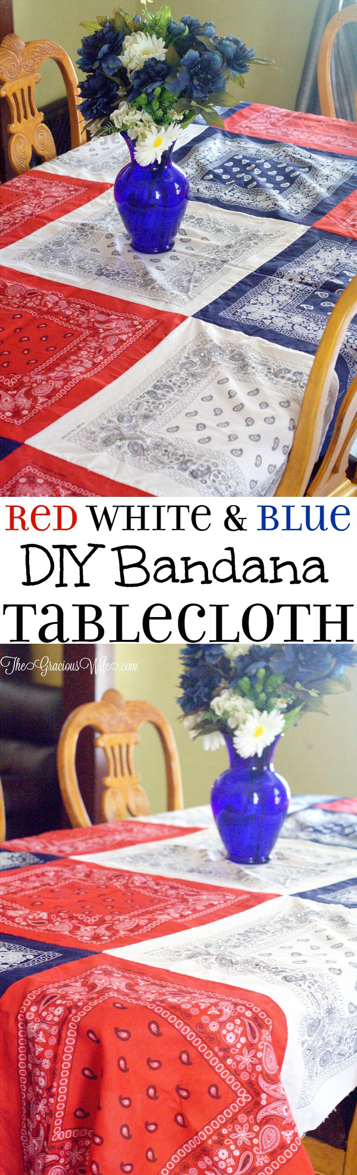 How to Make an Easy DIY Bandana Tablecloth - This easy patriotic red, white, and blue DIY Bandana Tablecloth is a fun and frugal Summer and 4th of July patriotic idea, with a full tutorial. So cute and festive!