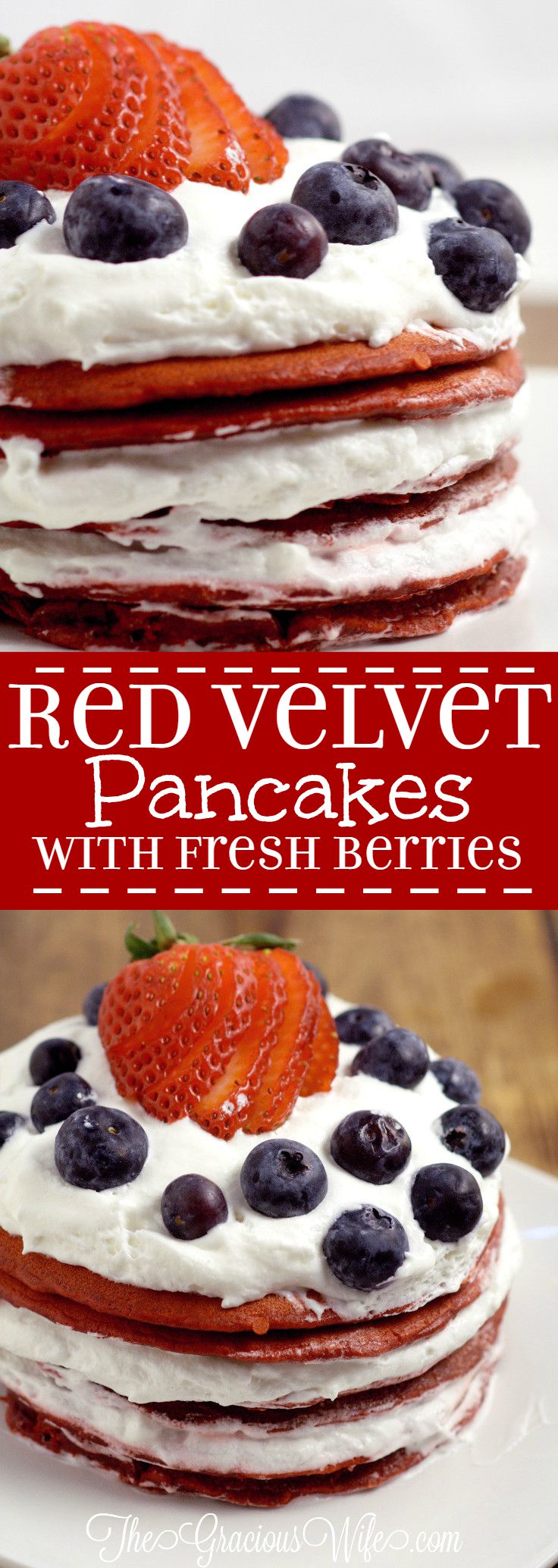 Red Velvet Pancakes Recipe with fresh berries - a delicious breakfast recipe with red velvet pancakes, whipped cream, and fresh berries. The patriotic red white and blue are super cute for a 4th of July breakfast food idea too!