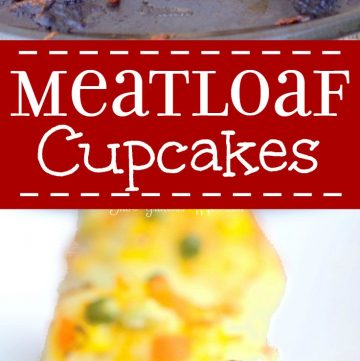 Savory meatloaf cupcakes recipe made with the BEST meatloaf recipe and topped with ketchup, mashed potato "frosting" and cheese and veggie "sprinkles."  A delicious single serving family dinner recipe idea.  This would be a good idea for an appetizer recipe for a party too. You could bake them in mini muffin trays!