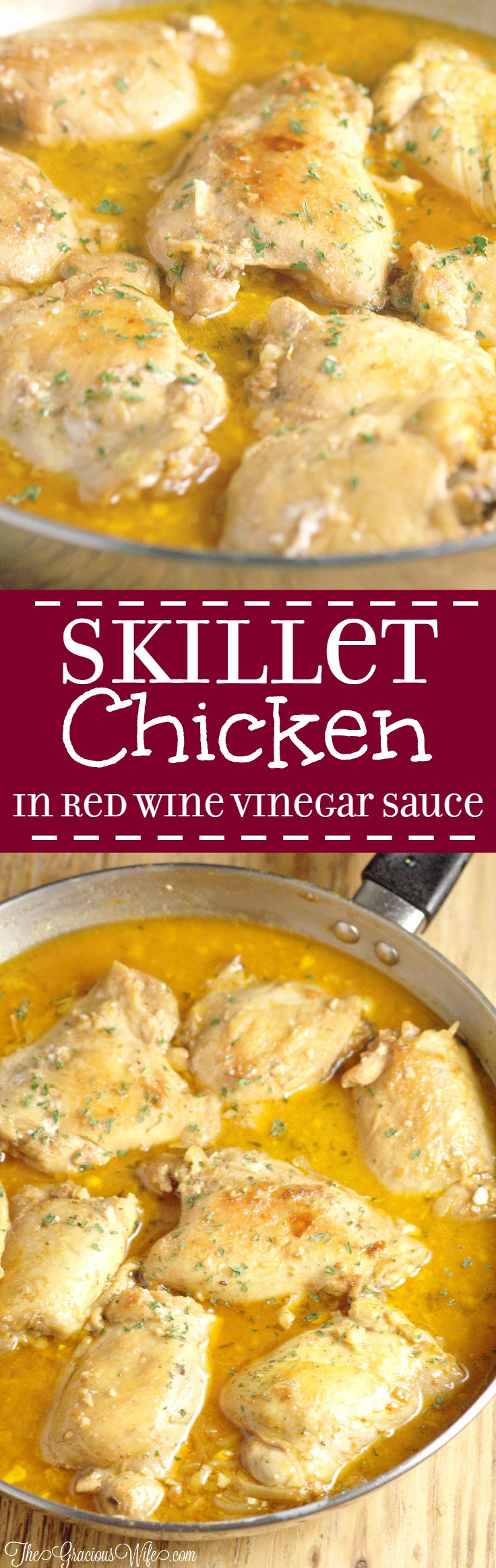 Skillet Chicken Thighs with Shallots in Red Wine Vinegar Sauce is a quick and easy dinner recipe idea that can be made in one pan in 30 minutes but is delicious and elegant enough for company and entertaining. I love the creamy sauce!