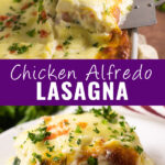 Collage with a picture of a slice of chicken alfredo lasagna being lifted out of the pan on top, a picture of a piece of lasagna on a small plate topped with fresh parsley on bottom, and the words "chicken alfredo lasagna" in the center