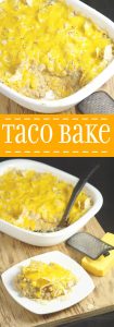 This Taco Bake Casserole recipe makes family taco night even more delicious with gooey cheese, crunchy tortilla chips, and perfectly seasoned taco meat. Quick and easy dinner recipe idea that the whole family will love! My husband used to eat this when he was a kid! So yummy!
