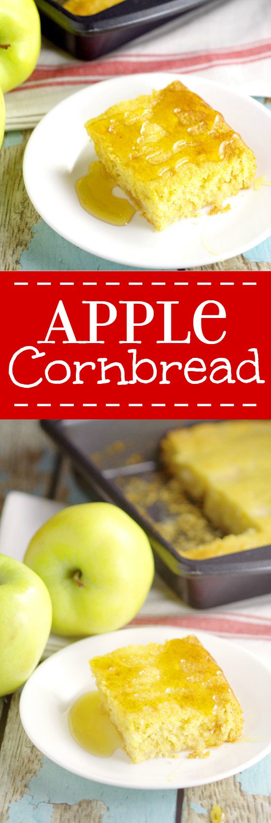 Simple and quick Apple Cornbread recipe with just 4 ingredients! Cornbread with classic apple pie filling and a touch of vanilla. Perfect with warm melted butter and a dollop of sweet honey. What a perfect Fall side dish!