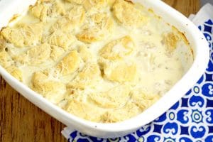 Biscuits and Gravy Casserole with homemade flaky and fluffy buttermilk biscuits smothered in rich and creamy sausage gravy for a classic family breakfast recipe or dinner recipe.  Can't go wrong with a comfort food classic!