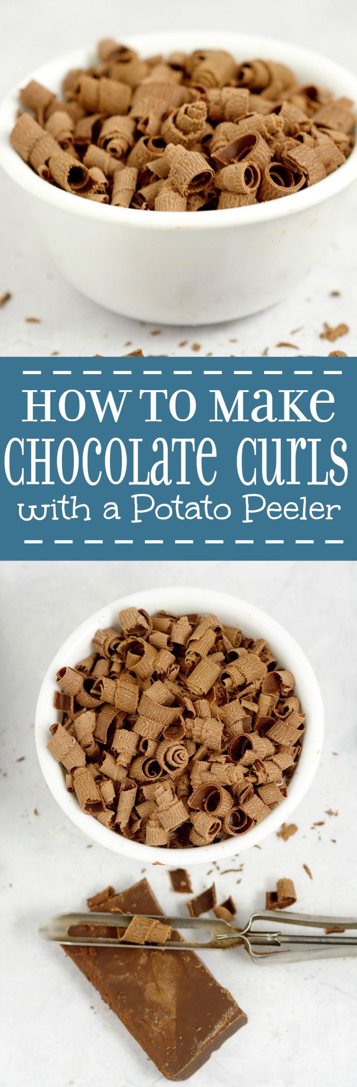 Learn how to make chocolate curls with a potato peeler the easy way for beautiful chocolate curls to complement your desserts!  cooking tips | baking tips | kitchen tips
