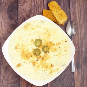 Creamy and warm with a kick of spicy, this Jalapeno Popper Soup recipe makes eating appetizers for dinner totally okay! Tastes just like the real thing, topped with crunchy garlic croutons for the perfect touch. Mmmm.... I love Poppers. Would be delicious with some extra cheese!