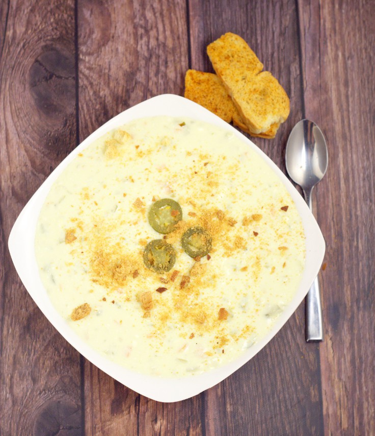 Creamy and warm with a kick of spicy, this Jalapeno Popper Soup recipe makes eating appetizers for dinner totally okay! Tastes just like the real thing, topped with crunchy garlic croutons for the perfect touch. Mmmm.... I love Poppers. Would be delicious with some extra cheese!
