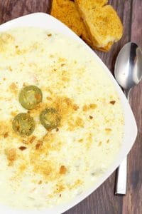 Creamy and warm with a kick of spicy, this Jalapeno Popper Soup recipe makes eating appetizers for dinner totally okay! Tastes just like the real thing, topped with crunchy garlic croutons for the perfect touch. Mmmm.... I love Poppers.  Would be delicious with some extra cheese!