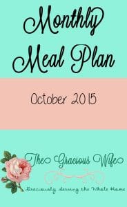 Easy October 2015 Monthly Meal Plan for weekly and daily breakfast, snack, and dinner. All you need to do is print, add your sides and shop! |frugal living | saving money